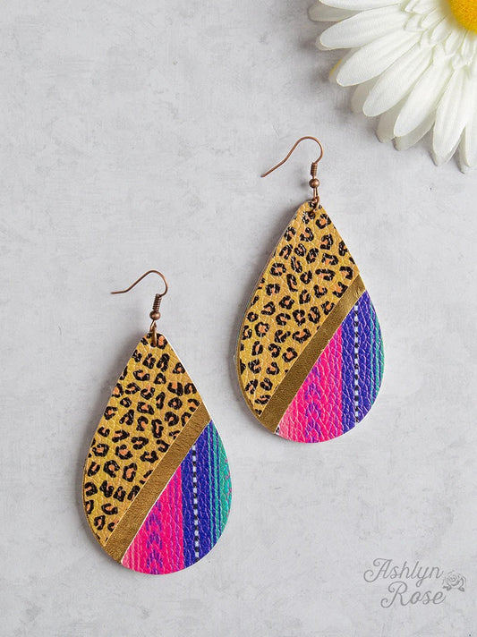 Serape and Cheetah Leather Teardrop Earrings